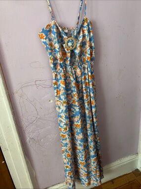 Source Unknown Blue Floral Maxi Dress with Orange & White Flowers